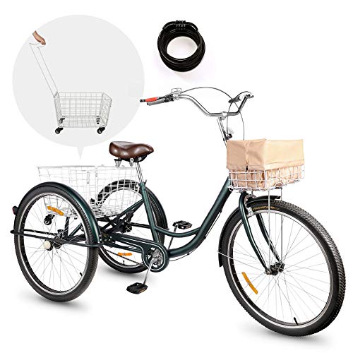 Viribus Triciclo para Adultos 26’’ con Cesta Extraíble Bicicleta de 3 Ruedas para Compras, Ejercicios y Mascotas Bicicleta de Triciclo con Bolsa Impermeable y Campana (26''/Verde)