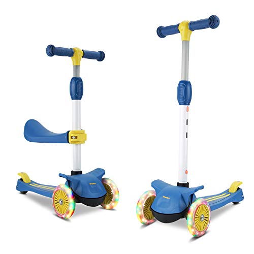 Wheelive 3-en-1 Kick Scooter con Asiento extraíble, 3 LED Ruedas para niños, 4 Altura Ajustable y diseño Plegable Patinetes para niños pequeños Sit o Stand Ride para niños y niñas de 2 a 6 años