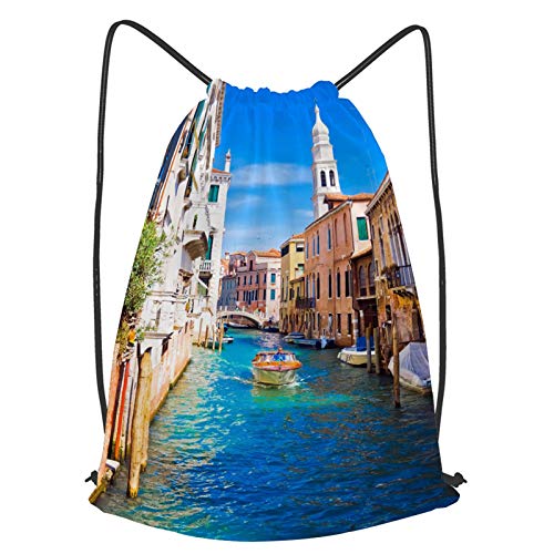YMWEI Impermeable Bolsa de Cuerdas Saco de Gimnasio Un barco a motor en el hermoso canal de Venecia, Italia Deporte Mochila para Playa Viaje Natación