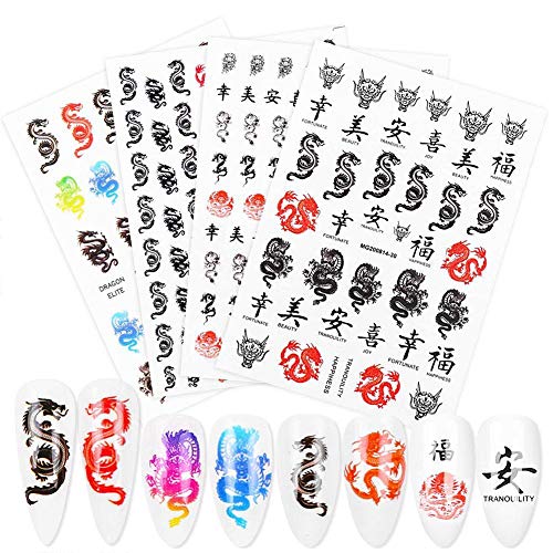 4 hojas 3D autoadhesivas Nail Art Dragon Decals Stickers Set Rojo Negro Colorido Autoadhesivo Transferencias de agua Pegatinas de uñas Puntas de acrílico Herramienta de diseño para mujeres niñas