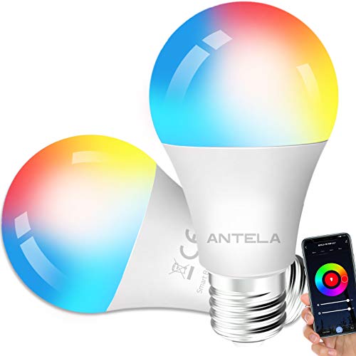 Bombilla LED Inteligente WiFi Regulable 9W 806 Lm Lámpara E27, Bombilla ANTELA Smart RGB & 2700K-6500K Blanco frío Cálido Compatible con Alexa/Google Home (80W Equivalente), paquete de 2