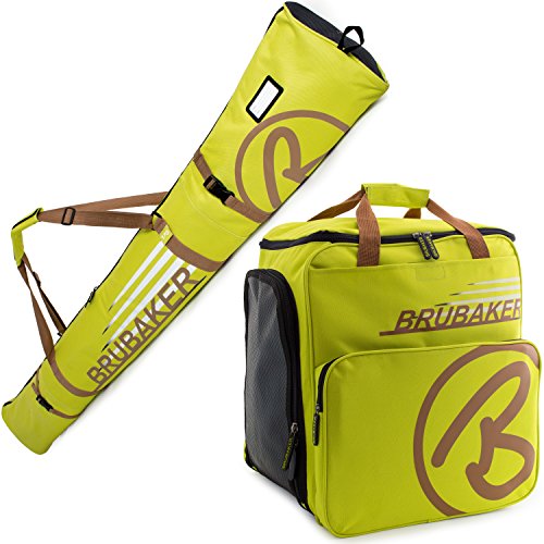 BRUBAKER Conjunto 'Super Champion 2.0' Bolsa para Botas y Casco de ski Junto a 'Carver Champion 2.0' Bolsa para un par de Ski - Verde Claro/Marrón - 170 cms.