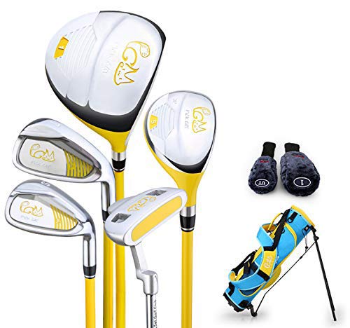 CRESTGOLF PGM Pickcat - Juego de golf para niños, 5 palos con bolsa de golf y 2 fundas para cabeza (amarillo, de 9 a 12 años), 130 a 150 cm de altura)