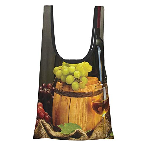J-shop Winery Decor Collection Barrel Bottles And Glasses Of Wine And Ripe Grapes On Wooden Table Decorative Picture Multi Reusable Grocery Bags, Eco-Friendly Shopping Bag