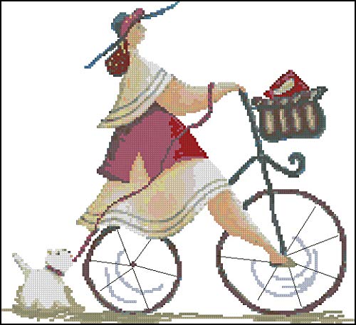 Kits de punto de cruz estampados Kits de manualidades de bordado de bricolaje Kit de punto de cruz contado divertido lindo Bicicleta Montar en bicicleta Mujer Lady Walk On Dog-18CT lienzo contado 40