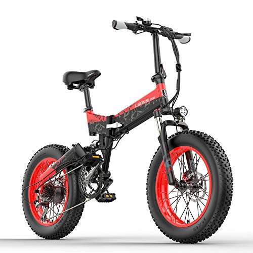 LANKELEISI X3000plus 48V 1000W Bicicleta eléctrica Plegable para Nieve Bicicleta de montaña de 20 Pulgadas Suspensión Completa Delantera y Trasera con Pantalla LCD (Red, 14.5Ah)