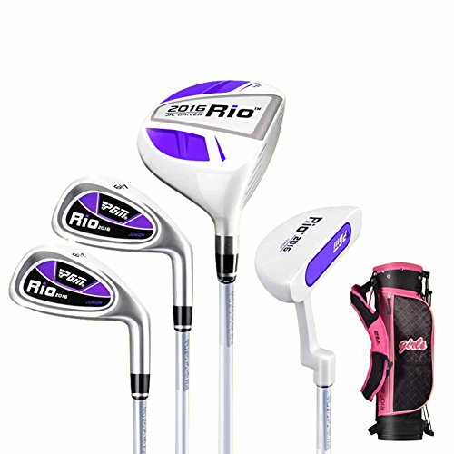 PGM Juego de palos de golf para niños de 9 a 12 años, 4 unidades de palos de golf con bolsa (morado y blanco con bolsa de soporte)
