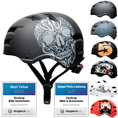 SkullCap® Casco de Skate y BMX - Bicicleta Y Scooter Eléctrico, Diseño: Skull, Talla: M (55-58 cm)
