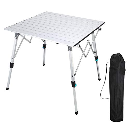 Synlyn Mesa plegable de aluminio plegable para camping, mesa plegable con bolsa, hasta 50 kg, altura regulable, mesa de pícnic, mesa multifunción para 4 personas, tamaño 70 x 70 cm