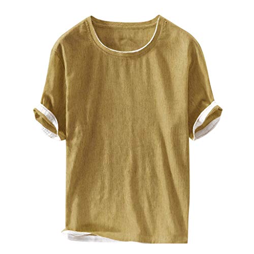 TUDUZ Camisetas Hombre Manga Corta Camisa de Lino en Color Liso con Un Bolsillo o Camiseta de Manga Blanca Ropa con Cuello en Redondo (Amarillo L)
