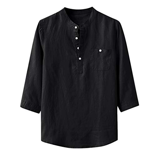 TUDUZ Camisetas Hombre Manga Larga 3/4 Color Sólido Camisas Algodon Y Lino Tops Botón Ropa De Cuello Alto (Negro, XL)