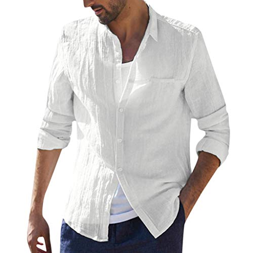 TUDUZ Camisetas Hombre Manga Larga Algodón Y Lino Camisas Botón Tops Retro Color Sólido (Blanco.a, XL)