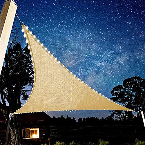 ACCZ Toldo Vela de Sombra Triangular con Cadena de luz LED Solar, 3.6x3.6x3.6M Toldo protección Rayos 95% UV Respirable para Parilla, Exteriores, Jardín, Terraza Camping, Beige