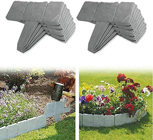 Bordes de jardín con efecto piedra gris, bordes de césped de jardín de plástico, valla de jardín para separar el césped del jardín y los parterres (lote de 20 unidades)