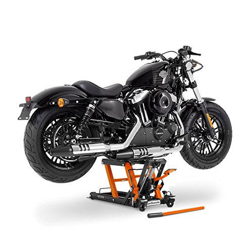 Caballete Elevador Tijera Moto Hidraulico ConStands Lift L Negro-aranja para Harley Davidson Street Glide (FLHX), Street-Rod (VRSCR), V-Rod/Muscle (VRSCF)/(VRSCA/W), XR 1200/ X (XR-1200 X)/(XR-1200)