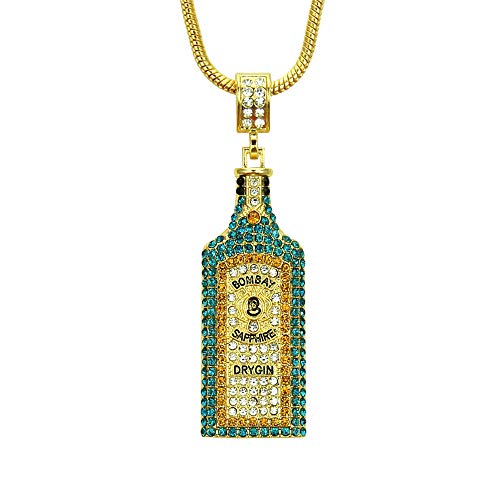 Collar de Hip Hop Colgante de diamantes de color dimensional Botella para el Día de San Valentín Mujeres Hombres Bombay Sapphire Dry Gin