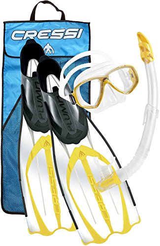 Cressi Pluma - Accesorios para buceo (gafas de buceo, snorkel y aletas, con bolsa) Clear / Yellow Talla:10/11 - 45/46