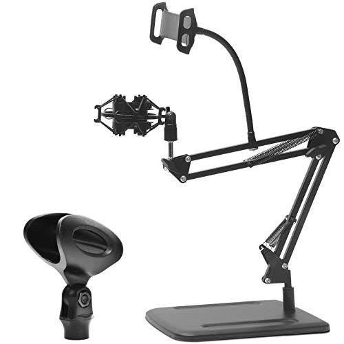 DIOKAYI Soporte de brazo de micrófono de escritorio ajustable con pinza de micrófono y soporte de choque, base de metal más ancha que hace que el soporte sea más estable en el escritorio.