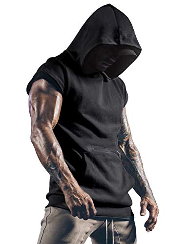 Lomon Camiseta sin mangas para hombre, para entrenamiento, deporte, fitness, con capucha, con bolsillos para el teléfono móvil Negro M