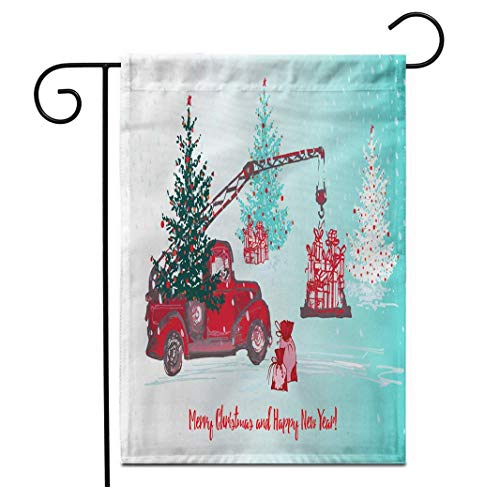 Lplpol Bandera de jardín festiva Año Nuevo y Navidad tarjeta de camión grúa rojo con bolas decoradas al aire libre doble cara decorativa casa patio banderas 71 x 101 cm