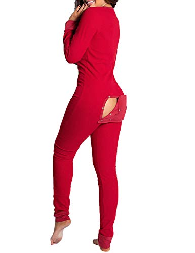 Mujeres Sexy Cuello en V Profundo Butt Button Back Flap Ropa de Dormir Pijamas Mono Mamelucos Clubwear Ropa de Dormir (Red, M)