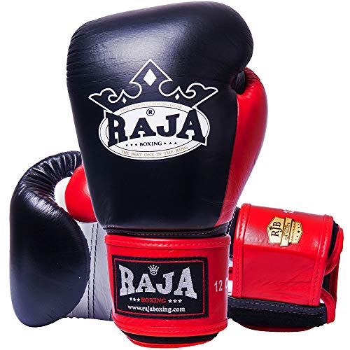 RajaBoxing Guantes de cuero estándar MMA UFC Muay Thai Kick Boxing K1 Karate Artes Marciales Entrenamiento de boxeo Guantes de boxeo (negro/rojo, 16 onzas)