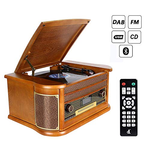 Tocadiscos de Vinilo Vintage dl Turntable Giradiscos Record Player Wood 7 en 1 Vintage Vinyl con Dab/Bluetooth Recording Player, FM, CD, MP3 Cassette y Tocadiscos de Vinilo USB