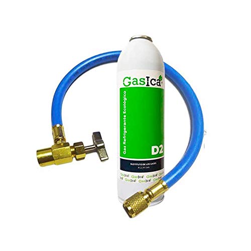 Todoelectrico - Pack Manguera con Llave para Recarga + Botella Gas refrigerante ecológico GASICA D2 SUSTITUTO R12/R134a 311.8GR para Aire Acondicionado