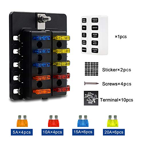 TR Turn Raise Caja de Fusibles 10 Vías Portafusibles con Lámpara de Alerta LED Kit para Coche Barco (fusibles incluidos y terminales de conexión)