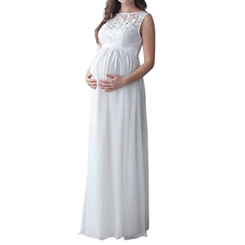 Vestido Premamá, Largo de Encaje de Mujer Embarazada, de Maternidad Apoyos de fotografía Ropa Larga Maternidad y de Lactancia (Blanco, L)