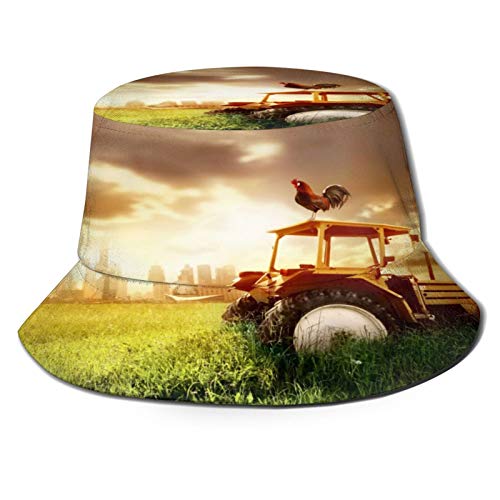 Yoliveya Sombrero de Pesca,Un Tractor Viejo en el Campo de Hierba,Senderismo para Hombres y Mujeres al Aire Libre Sombrero de Cubo Sombrero para el Sol