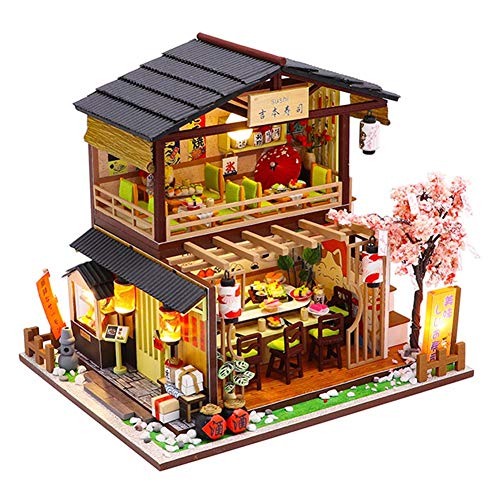 Yoshimoto Sushi - Miniatura para casa de muñecas con muebles, modelo arquitectónico de restaurante japonés, Yoshimoto - Kit para casa de muñecas de madera DIY con luz y música para cabina de bricolaje
