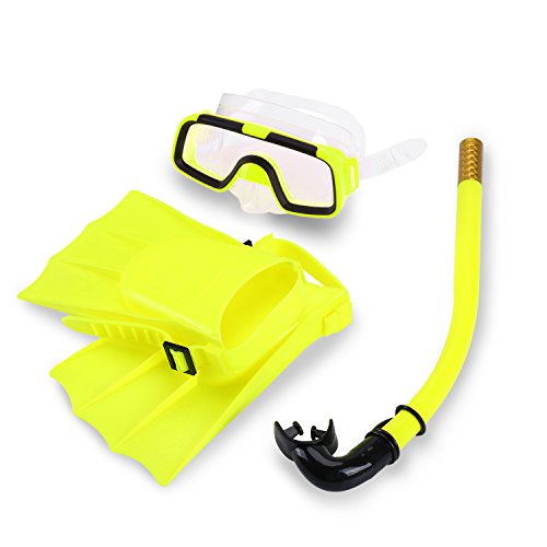 Yosoo Niños Natación Buceo Silicona Aletas + Snorkel Scuba Gafas + Máscara Snorkel Silicona Set para 8-12,5 Tamaño de US(Yellow)