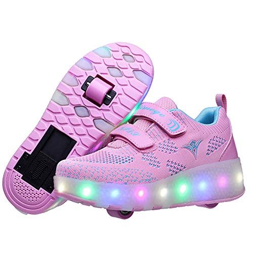 Zapatillas con Ruedas para Niños 7 Colores LED Luz Luminosas Zapatos Doble Rueda Patines Calzado Deportivo al Aire Libre Niño y Niña Gimnasia Zapatos de Skateboard con USB Carga