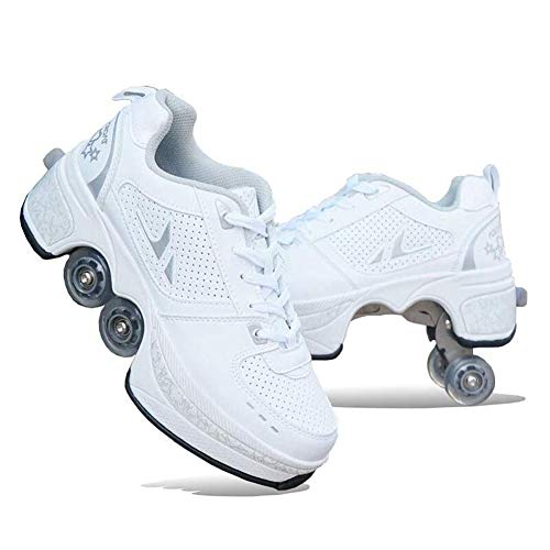 Zapatos Multiusos 2 En 1 Botas De De 4 Ruedas con Ruedas Ajustables Automática Calzado De Skateboarding Deportes De Exterior Patines En Línea,32