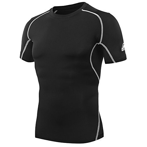 AMZSPORT Camiseta de compresión de Mangas Corta para Hombre Deportes de Secado Rápido Funcionamiento Baselayer, Negro, L
