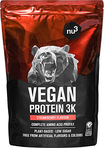 Batidos de proteínas veganas - Proteína vegetal 3K en polvo - de 3 componentes vegetales (guisante, cáñamo & arroz) - 1 Kg sabor fresa - Para crecimiento y mantenimiento de masa muscular - de nu3