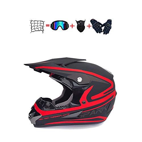 BHGJ Casco Motocross Niño，Diseñado con Diseño genial Cascos De Motocross Cascos de Cross de Moto Set con Gafas/Máscara/Guantes（Serie de color mate,rojo） (XL)
