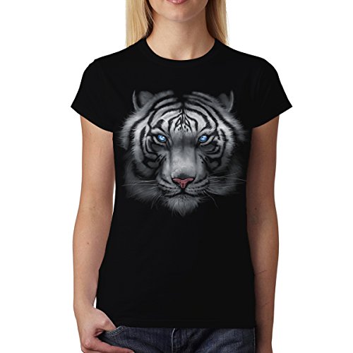 Blanco Tigre Animales Azul Ojos Mujer Camiseta Negro M