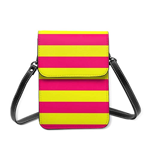 Bolso de hombro pequeño, color rosa neón brillante y amarillo horizontal, para tienda de campaña, a rayas, bolsa cruzada para teléfono celular, cartera ligera para mujeres y niñas