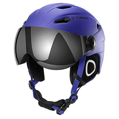 Casco de esquí, Casco de Seguridad Certificado Esquí Profesional Snowboard Casco de Deportes de Nieve Orejera Desmontable Gafas integradas/Sin Gafas (Azul Oscuro, M)