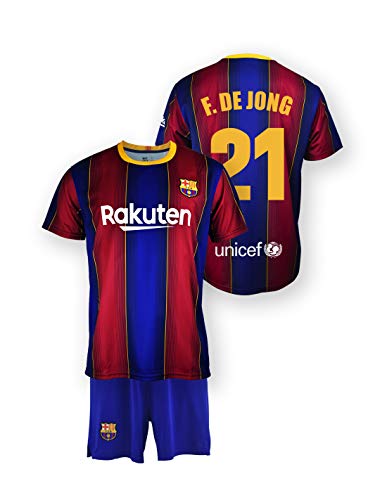 Conjunto Camiseta y pantalón Replica FC. Barcelona 1ª EQ Temporada 2020-21 - Producto con Licencia - Dorsal 21 F. DE Jong - 100% Poliéster - Talla niño 12 años