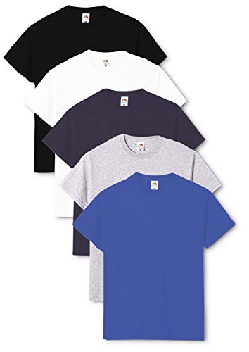 Fruit of the Loom Original - Camiseta de hombre cuello redondo (pack de 5) Negro/Blanco/Azul Marino/Gris jaspeado/Azul Real. X-Large
