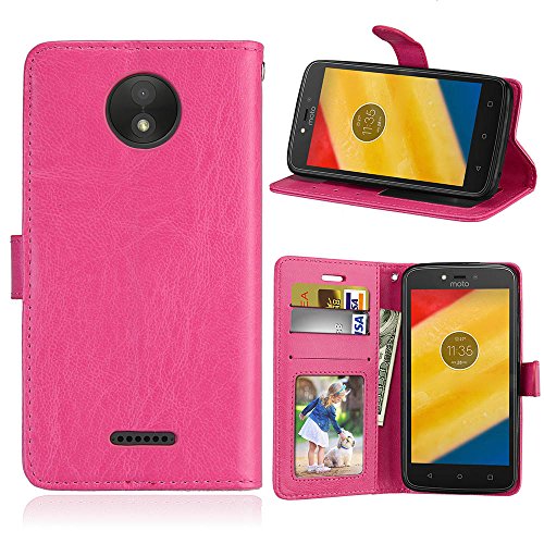 Funda Motorola Moto C Plus Case,Bookstyle 3 Card Slot PU Cuero cartera para TPU Silicone Case Cover-Rosa Rojo