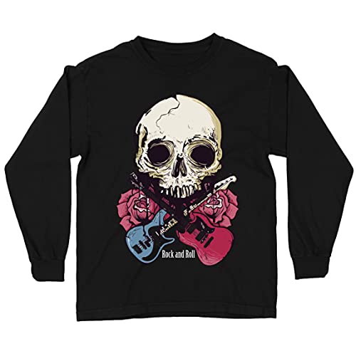 lepni.me Camiseta para Niños Guitarras, Calavera, Rosas - Amantes del Concierto de Rock & Roll (9-11 Years Negro Multicolor)