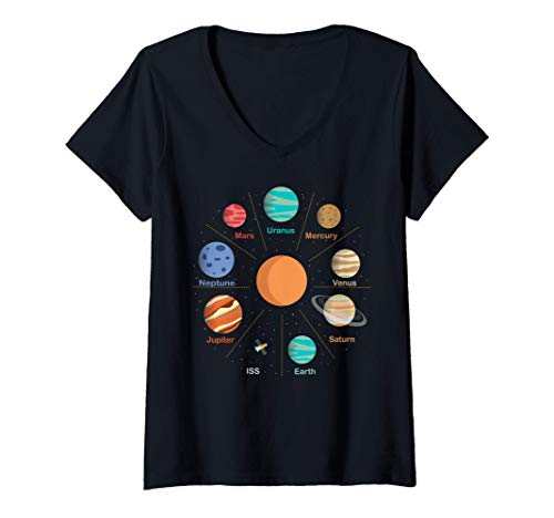 Mujer Planetas del Sistema Solar y Estación Espacial Internacional Camiseta Cuello V