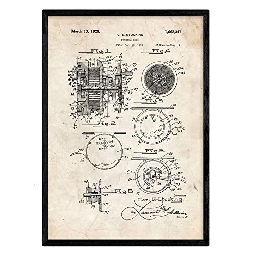 Nacnic Poster con patente de Carrete de pescar. Lámina con diseño de patente antigua en tamaño A3 y con fondo vintage