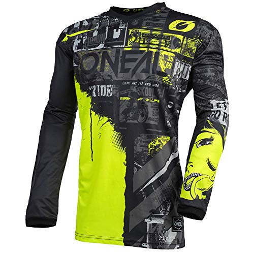 O'Neal | Camiseta de Motocross Manga Larga | MX Enduro | Protección Acolchada para los Codos, Cuello en V, Transpirable | Camiseta Element Ride para Hombres | Adultos | Negro Amarillo Neón | Talla L
