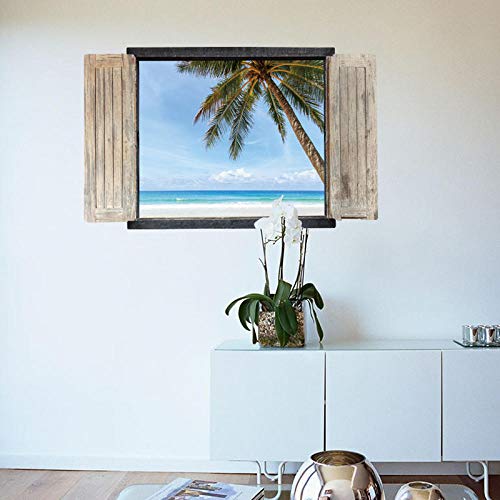 Pegatina de pared 3D ventana falsa extraíble mural de pared póster vista Coconut Grove árbol mar en puesta de sol amanecer paisaje decoración del hogar- A