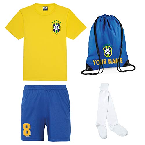 Print Me A Shirt Conjunto de Fútbol Selección Brasileña Personalizable para Niños, Camiseta, Pantalones Cortos, Calcetines y Bolsa Personalizable, Kit de Fútbol de Brasil